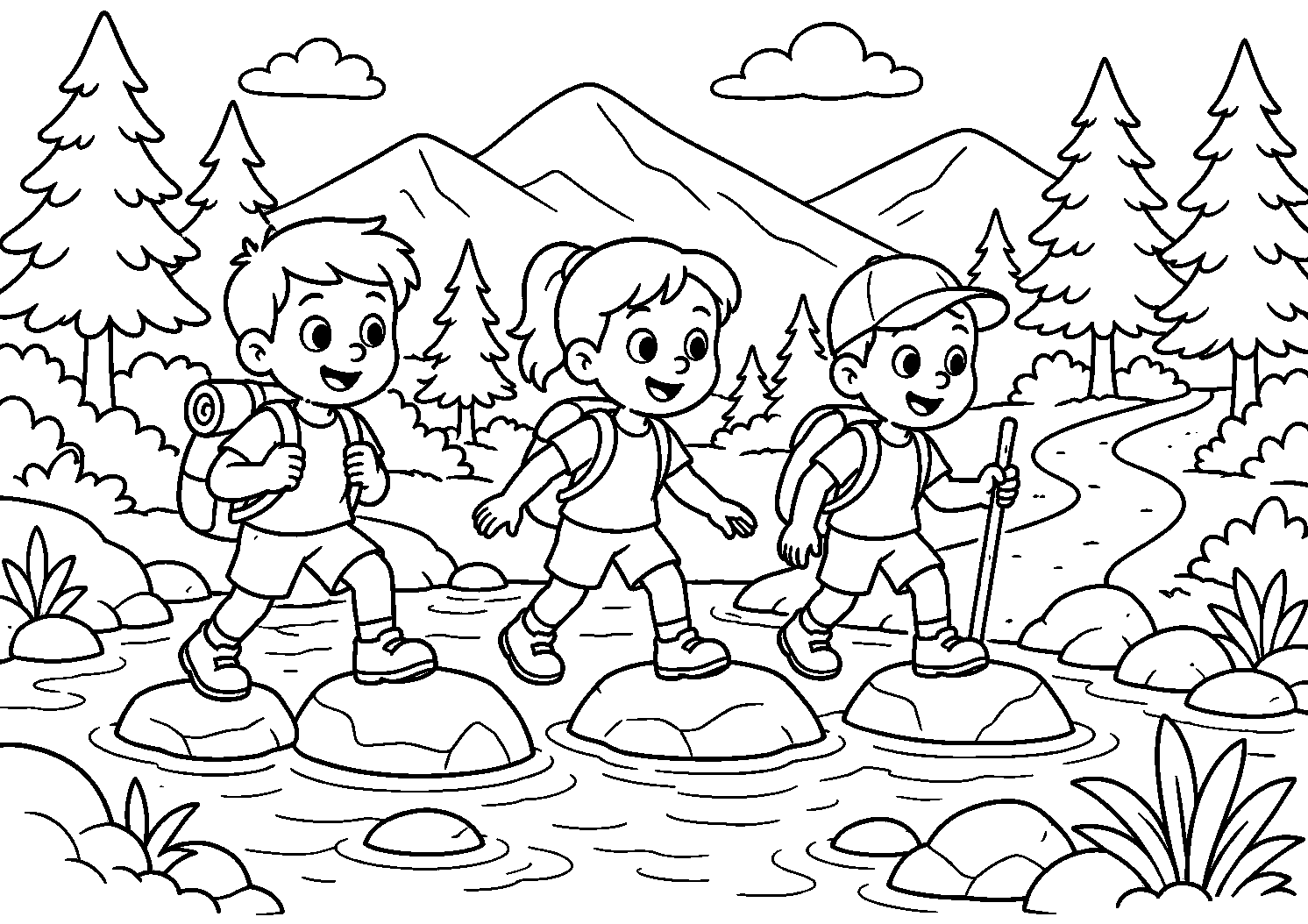 Crianças atravessando um riacho por pedras, desenho para colorir em A4 paisagem