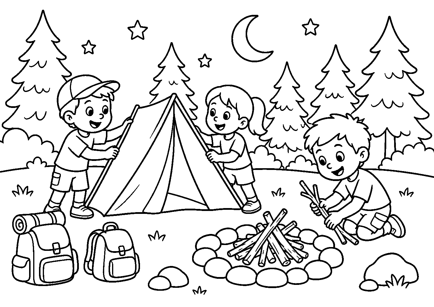 Crianças montando uma barraca de acampamento, desenho para colorir em A4 paisagem