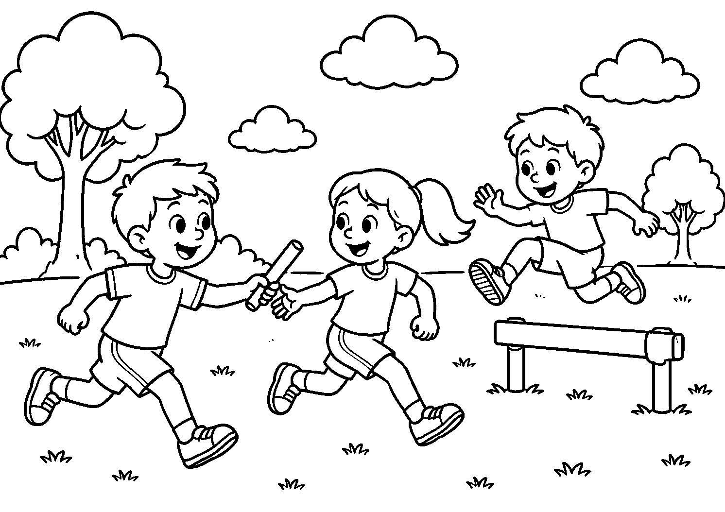 Crianças na corrida de revezamento e obstáculos, desenho para colorir em A4 paisagem