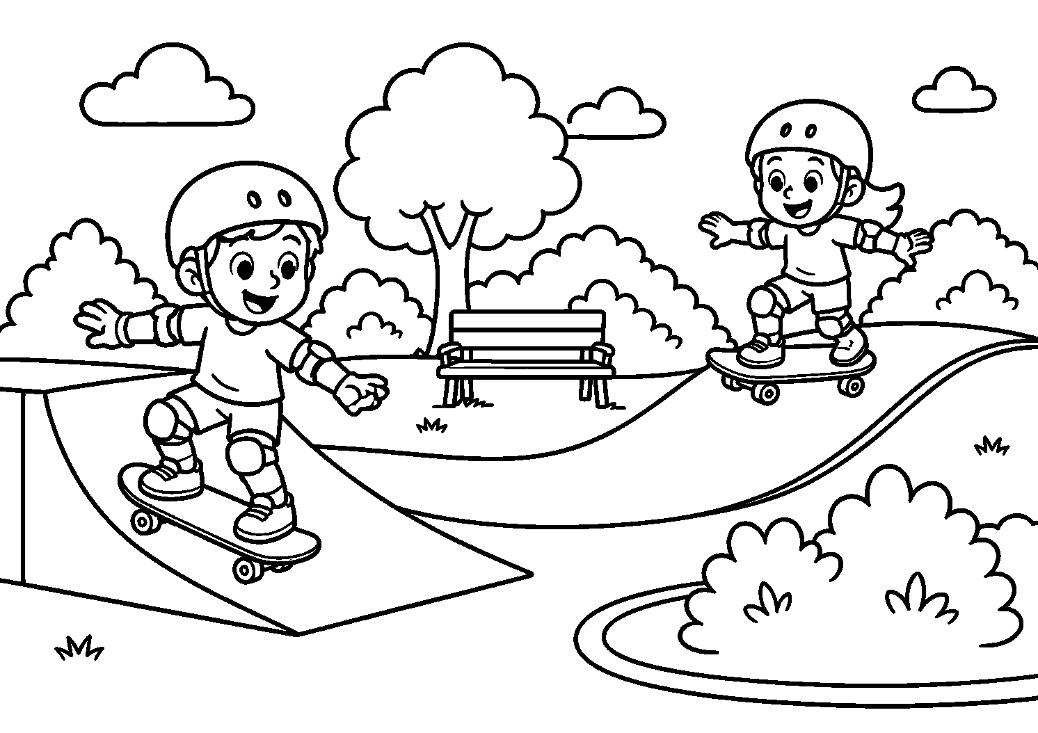Crianças de capacete na pista de skate, desenho para colorir em A4 paisagem