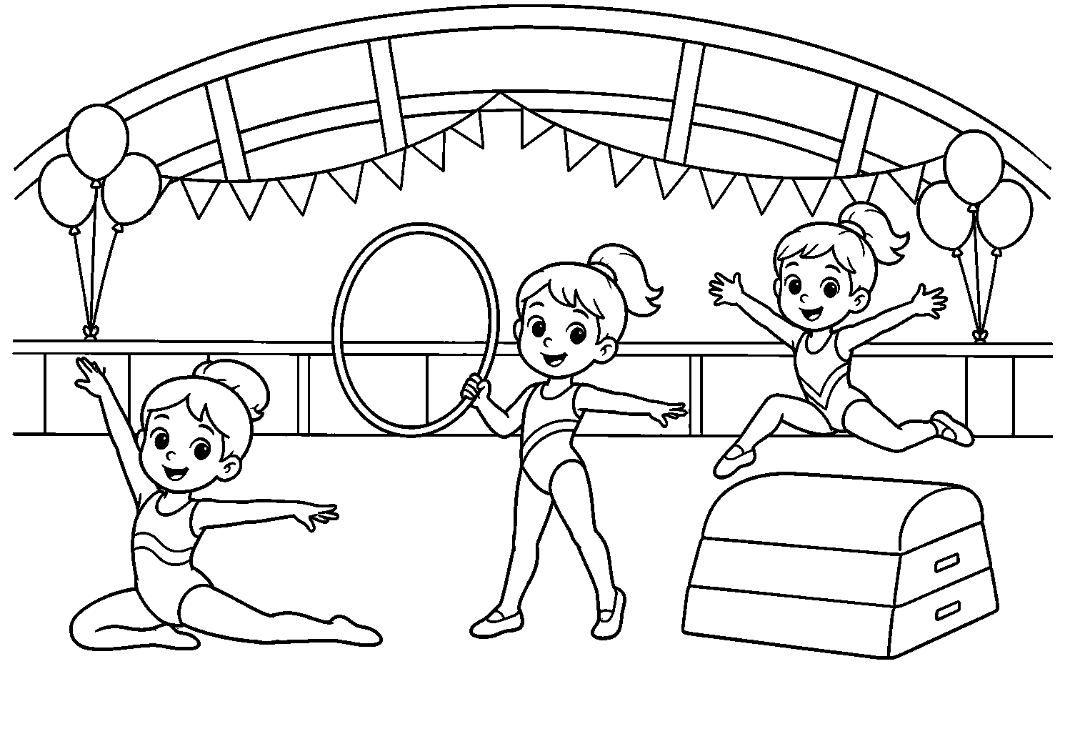 Meninas fazendo ginástica com arco e saltos, desenho para colorir em A4 paisagem
