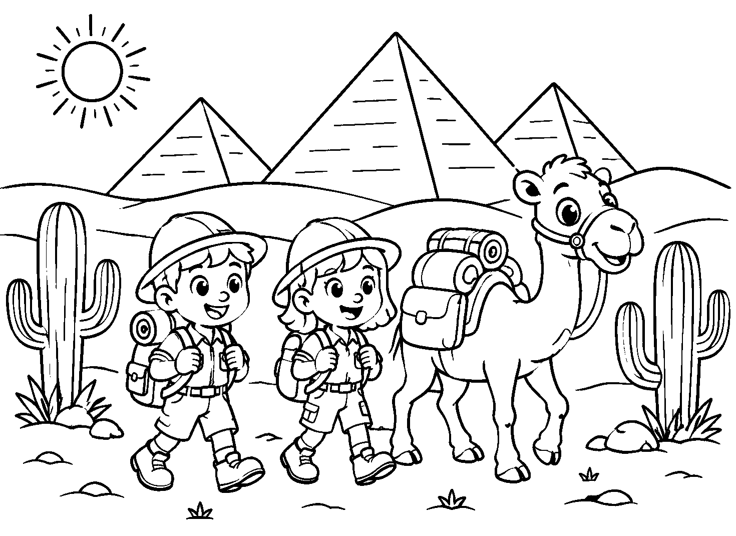 Crianças e camelo no deserto com pirâmides, desenho para colorir em A4 paisagem
