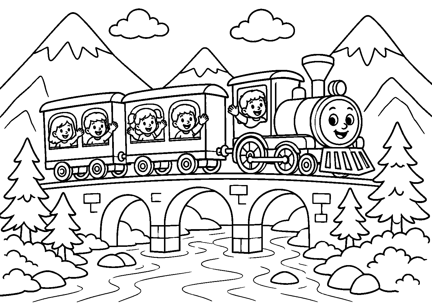Trem com crianças atravessando uma ponte, desenho para colorir em A4 paisagem