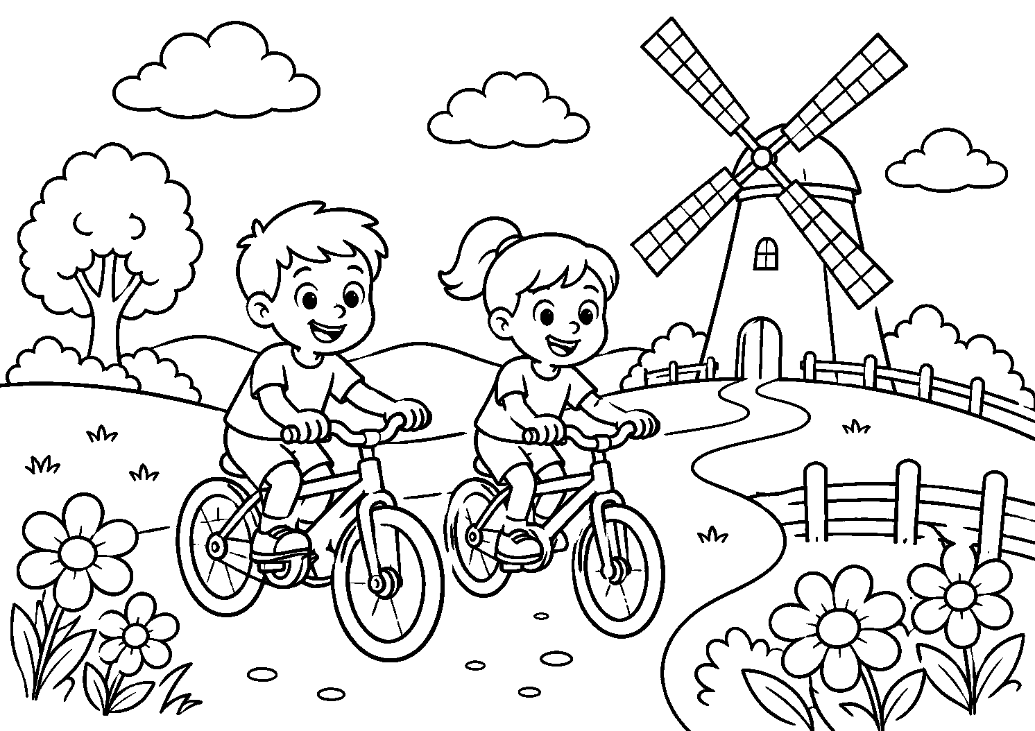 Crianças de bicicleta perto do moinho de vento, desenho para colorir em A4 paisagem