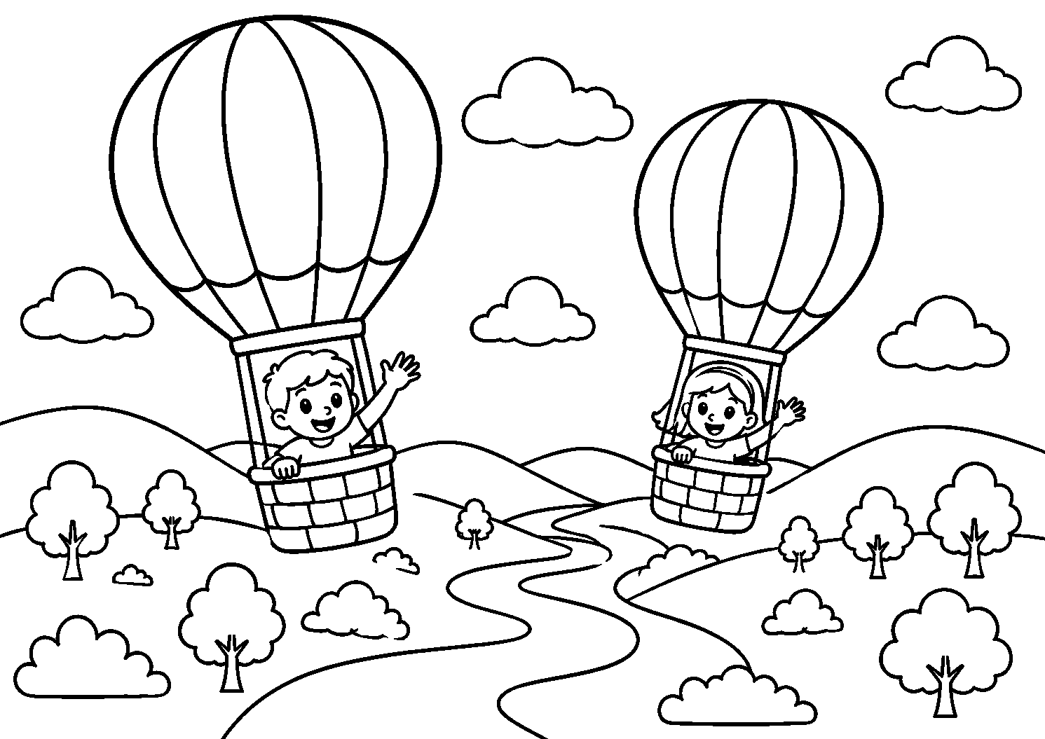 Balões de ar quente sobre campos e rio, desenho para colorir em A4 paisagem