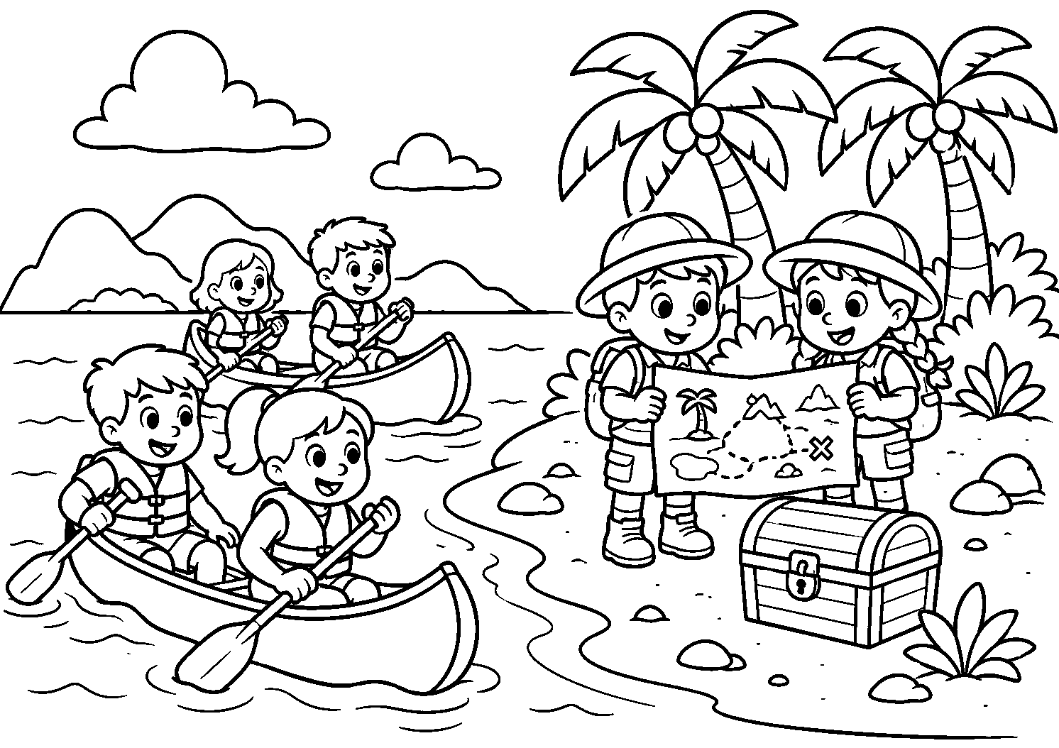 Crianças de canoa e mapa do tesouro na ilha, desenho para colorir em A4 paisagem