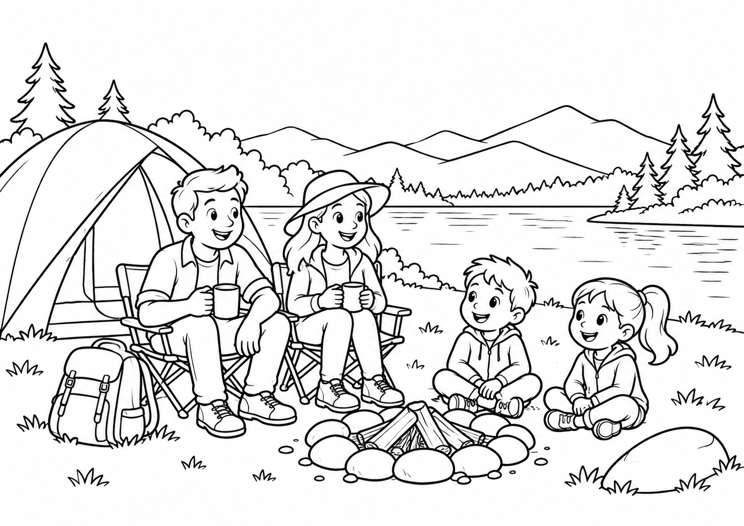 Família acampando perto de um lago com fogueira apagada, desenho para colorir em A4 paisagem