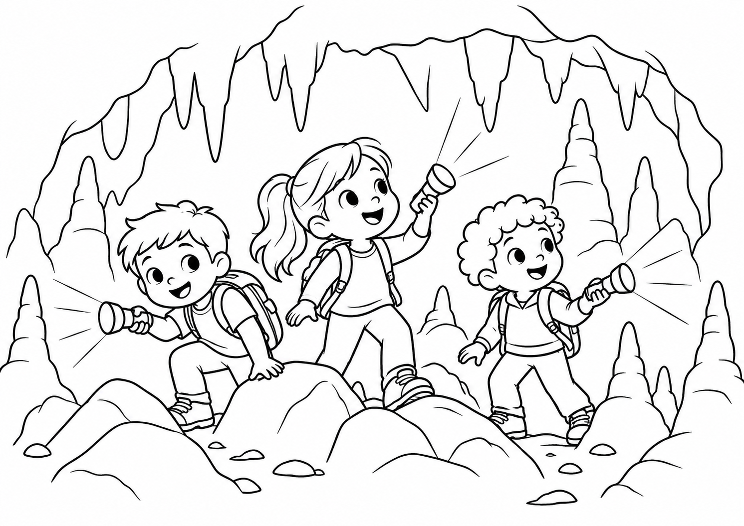 Crianças explorando uma caverna com lanternas, desenho para colorir em A4 paisagem