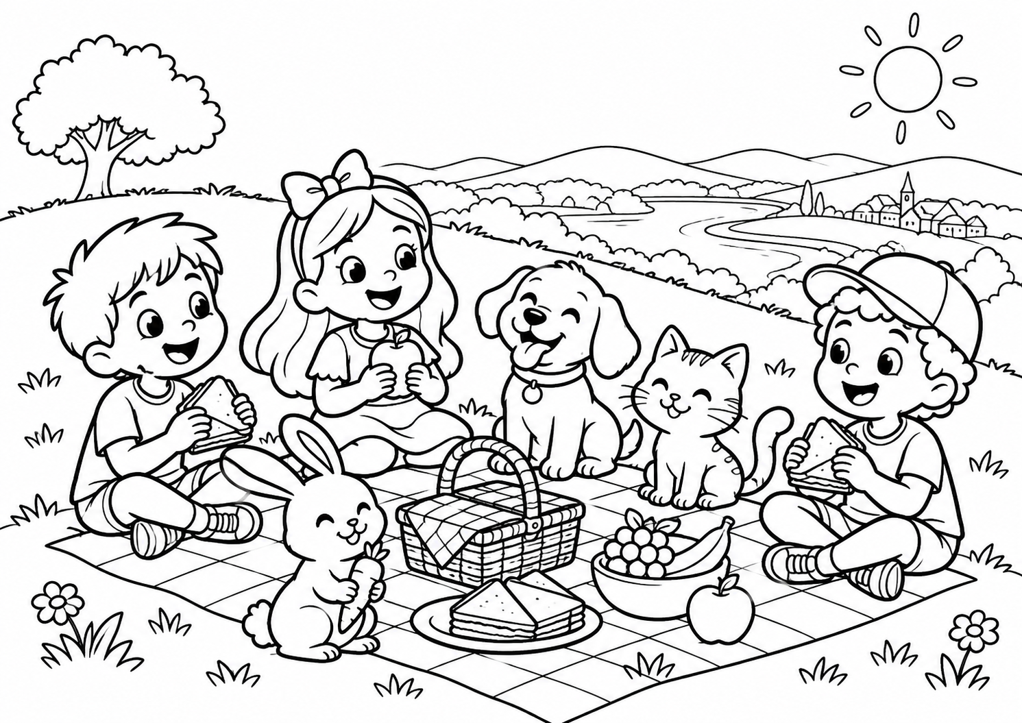 Piquenique de amigos no alto de uma colina, desenho para colorir em A4 paisagem
