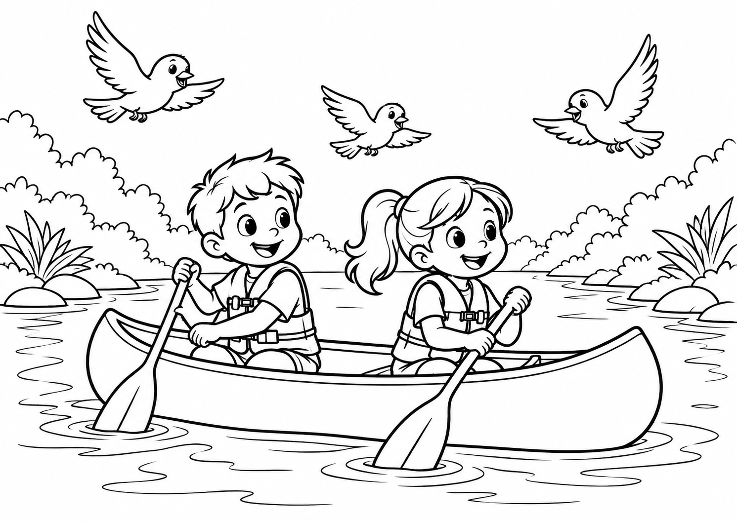 Passeio de canoa por um rio calmo com pássaros, desenho para colorir em A4 paisagem