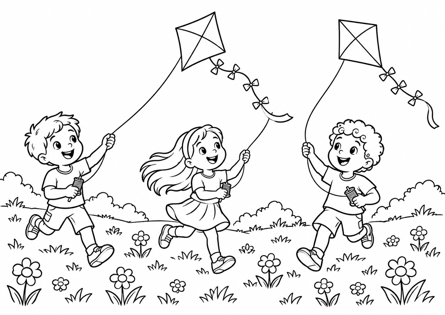 Amigos soltando pipas num campo florido, desenho para colorir em A4 paisagem