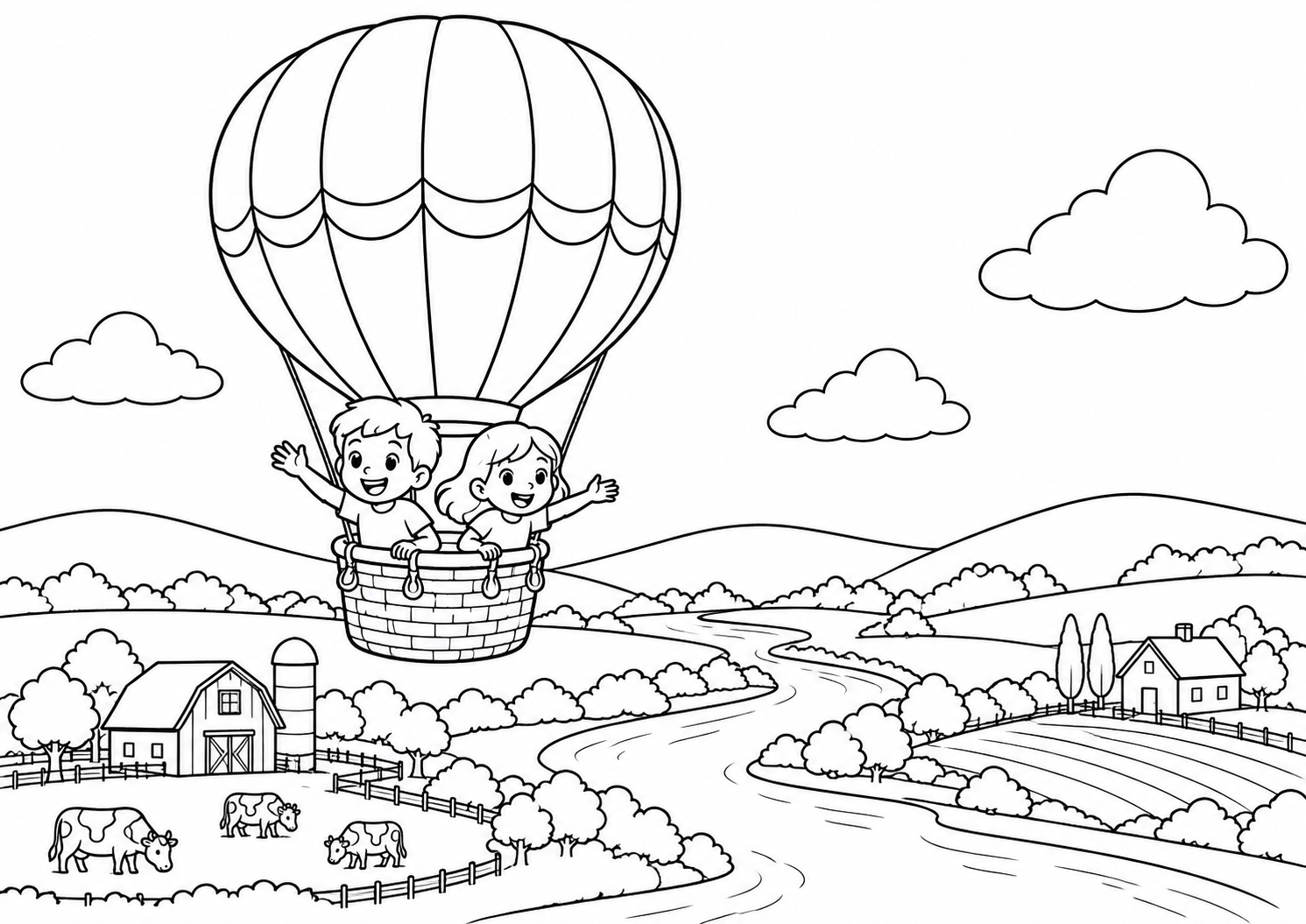 Passeio de balão acima de fazendas e rio, desenho para colorir em A4 paisagem