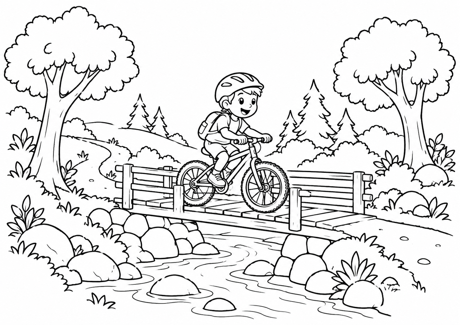 Trilha de bicicleta com ponte e árvores, desenho para colorir em A4 paisagem