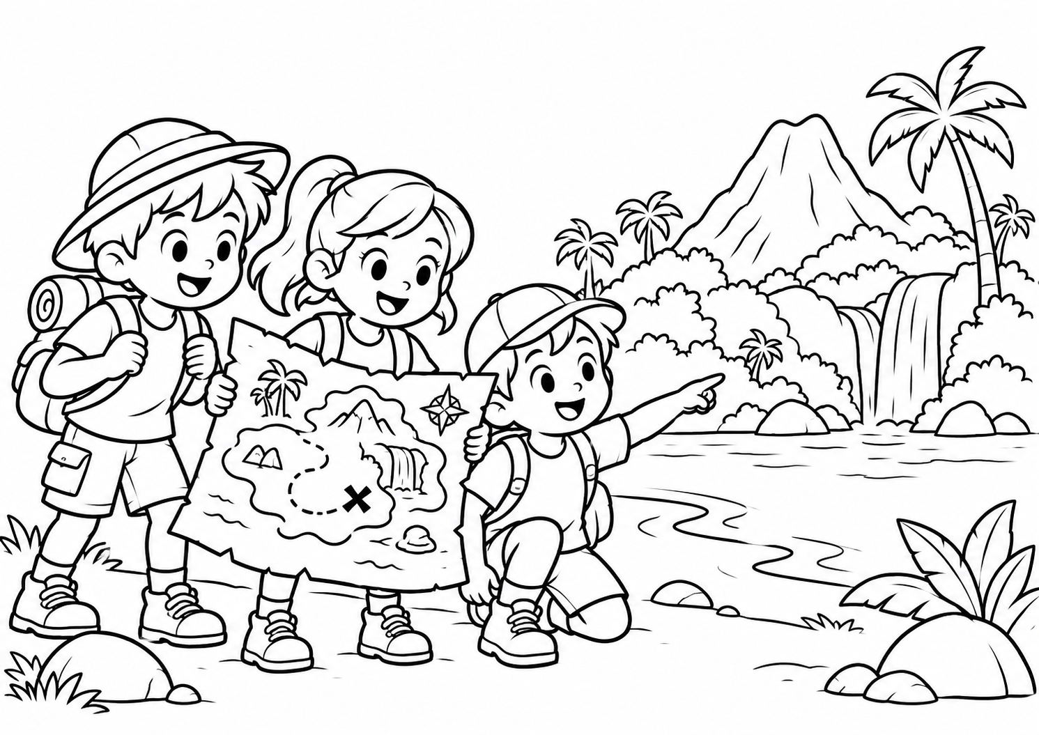 Expedição infantil com mapa numa ilha imaginária, desenho para colorir em A4 paisagem