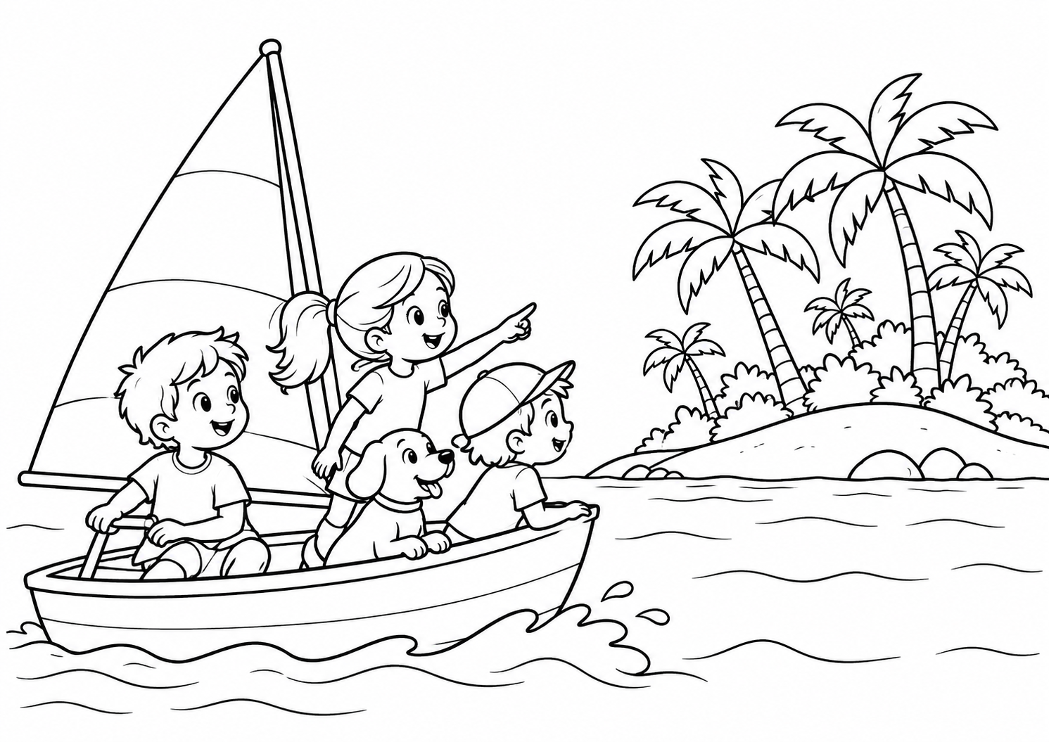 Amigos num veleiro pequeno observando uma ilha com coqueiros, desenho para colorir em A4 paisagem