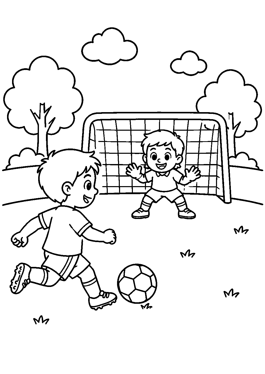 Crianças jogando futebol no campo, desenho para colorir em A4 retrato