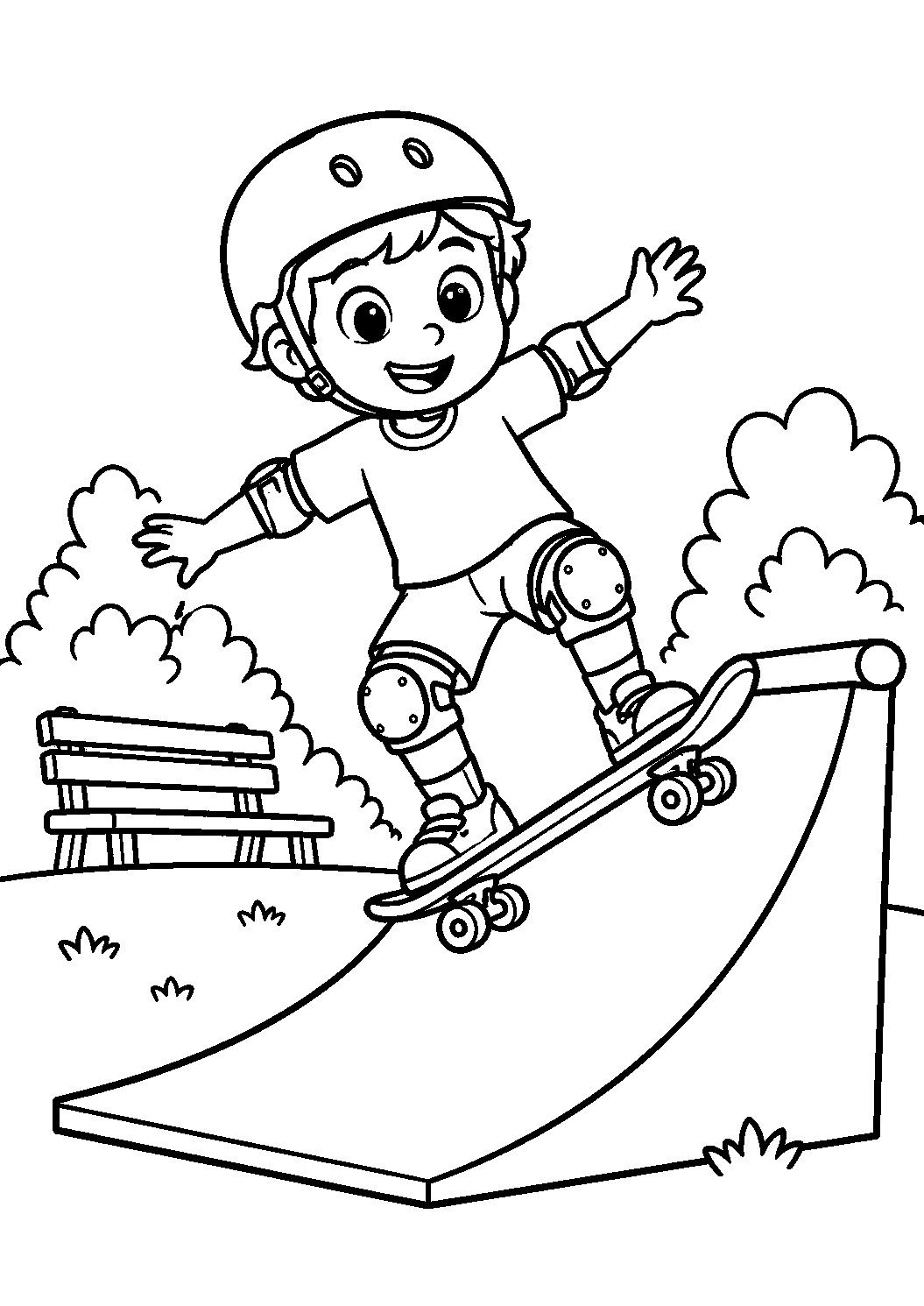 Menino de capacete andando de skate na rampa, desenho para colorir em A4 retrato