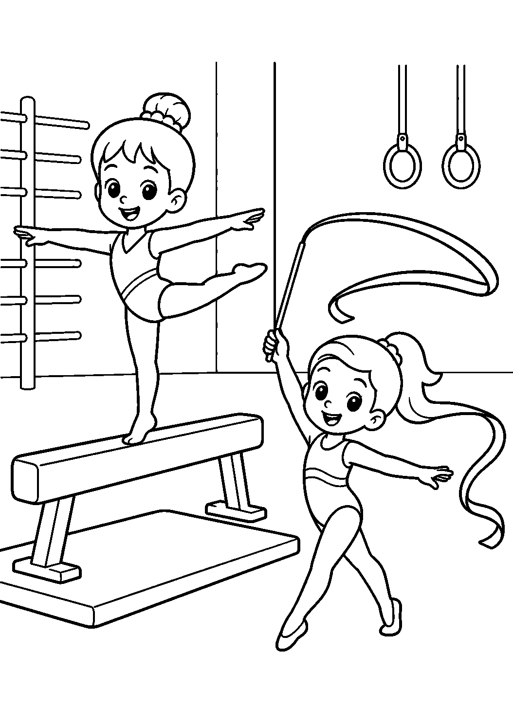 Meninas fazendo ginástica com fita e trave, desenho para colorir em A4 retrato