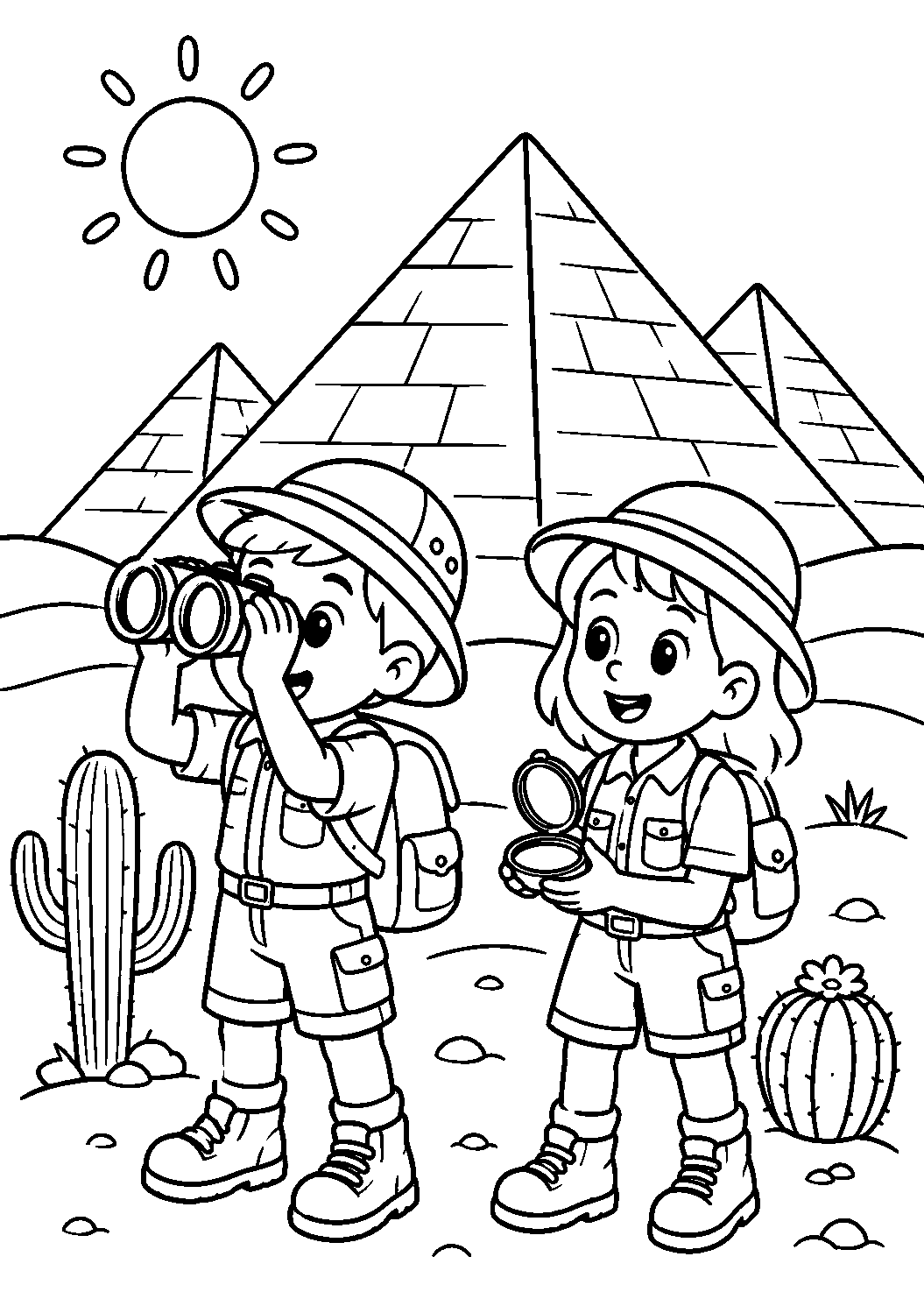Crianças exploradoras diante das pirâmides, desenho para colorir em A4 retrato