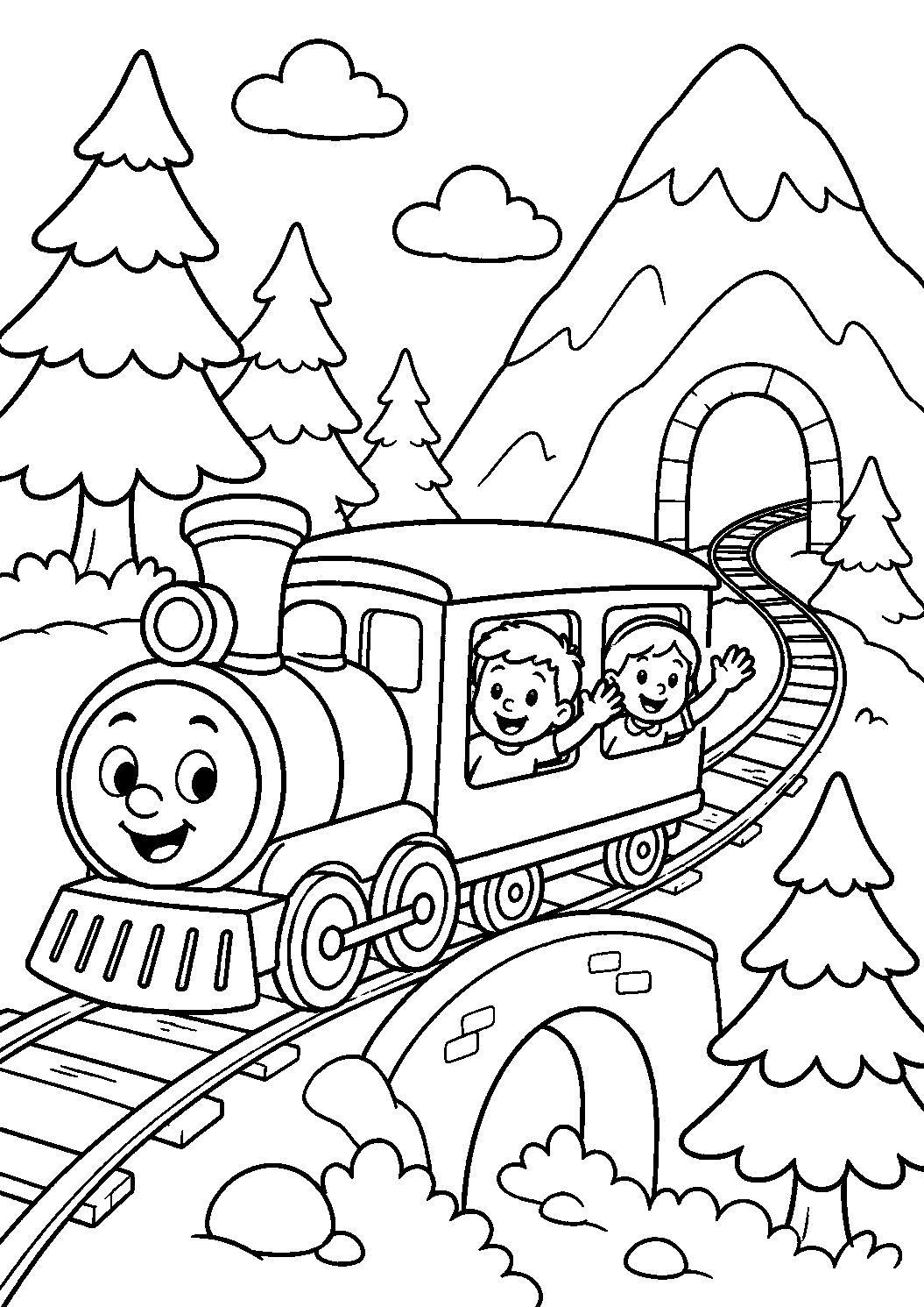 Trenzinho com crianças nas montanhas, desenho para colorir em A4 retrato