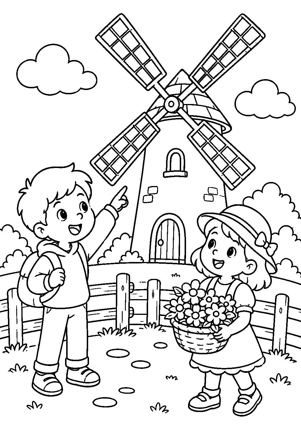 Crianças com flores perto do moinho de vento, desenho para colorir em A4 retrato