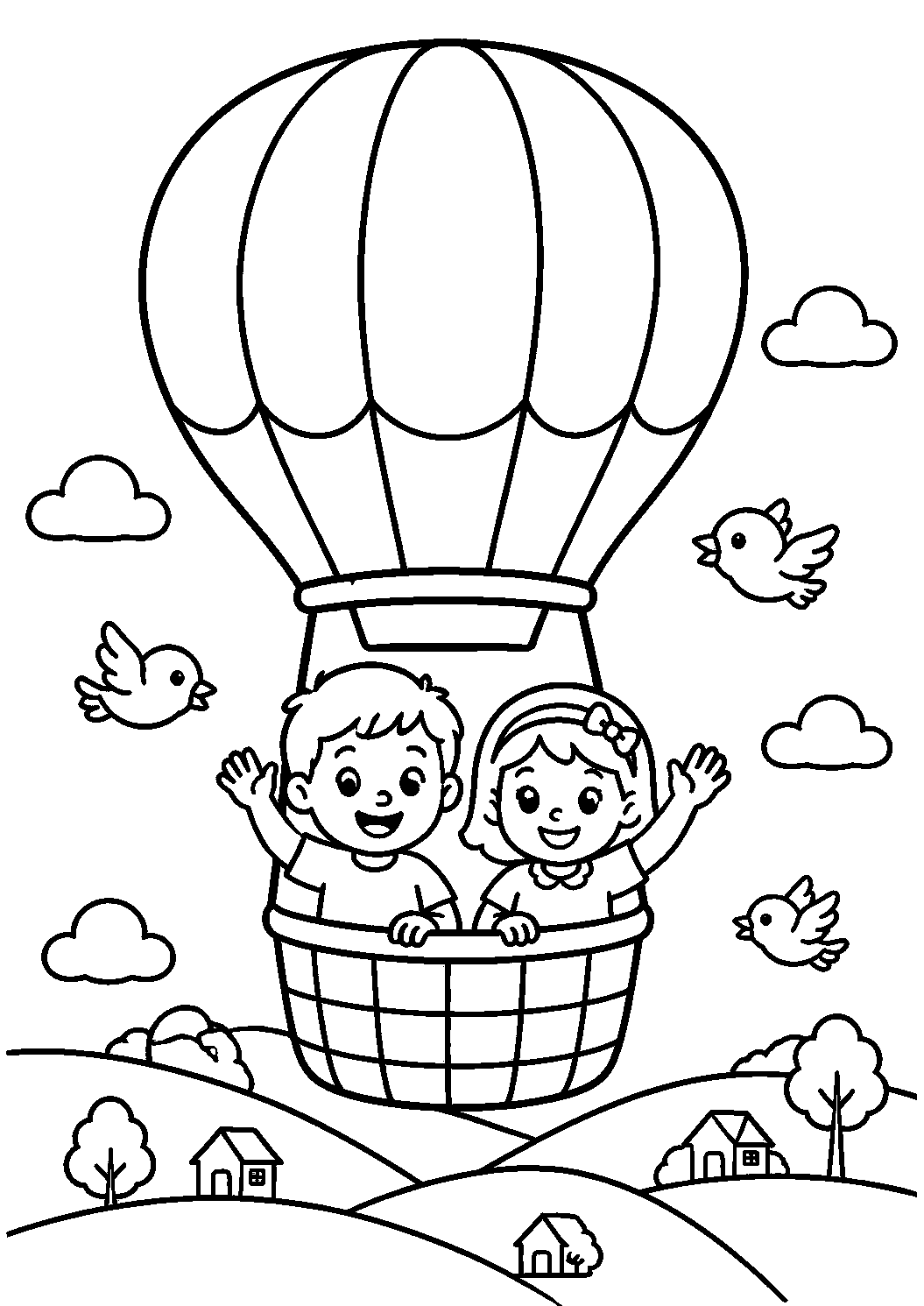 Crianças passeando de balão de ar quente, desenho para colorir em A4 retrato