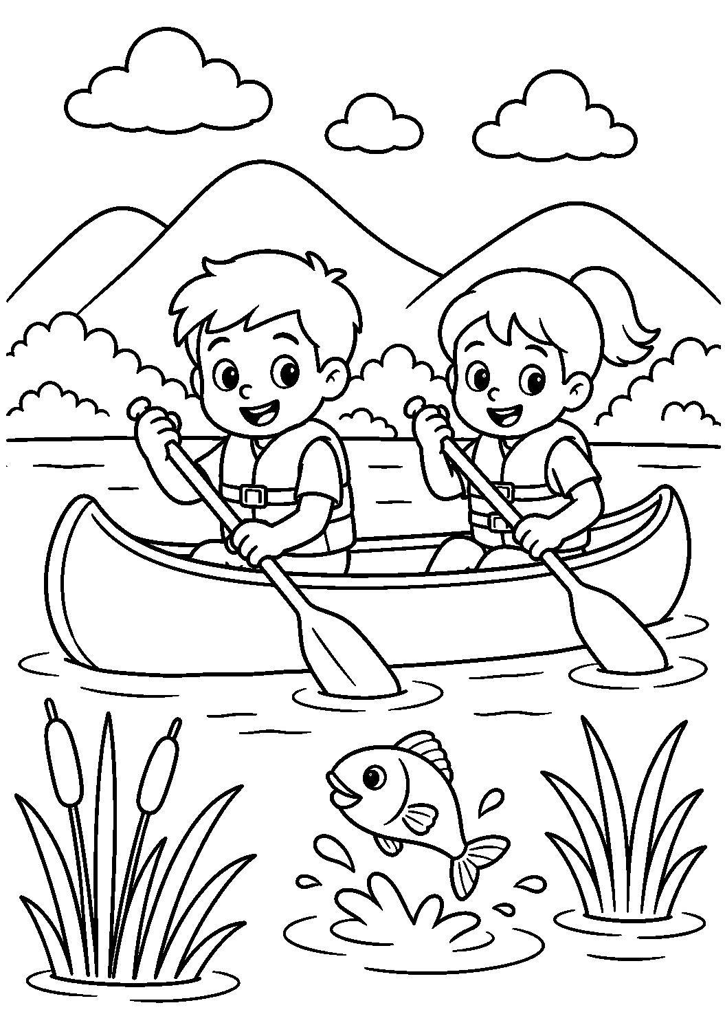 Crianças remando de canoa no rio, desenho para colorir em A4 retrato