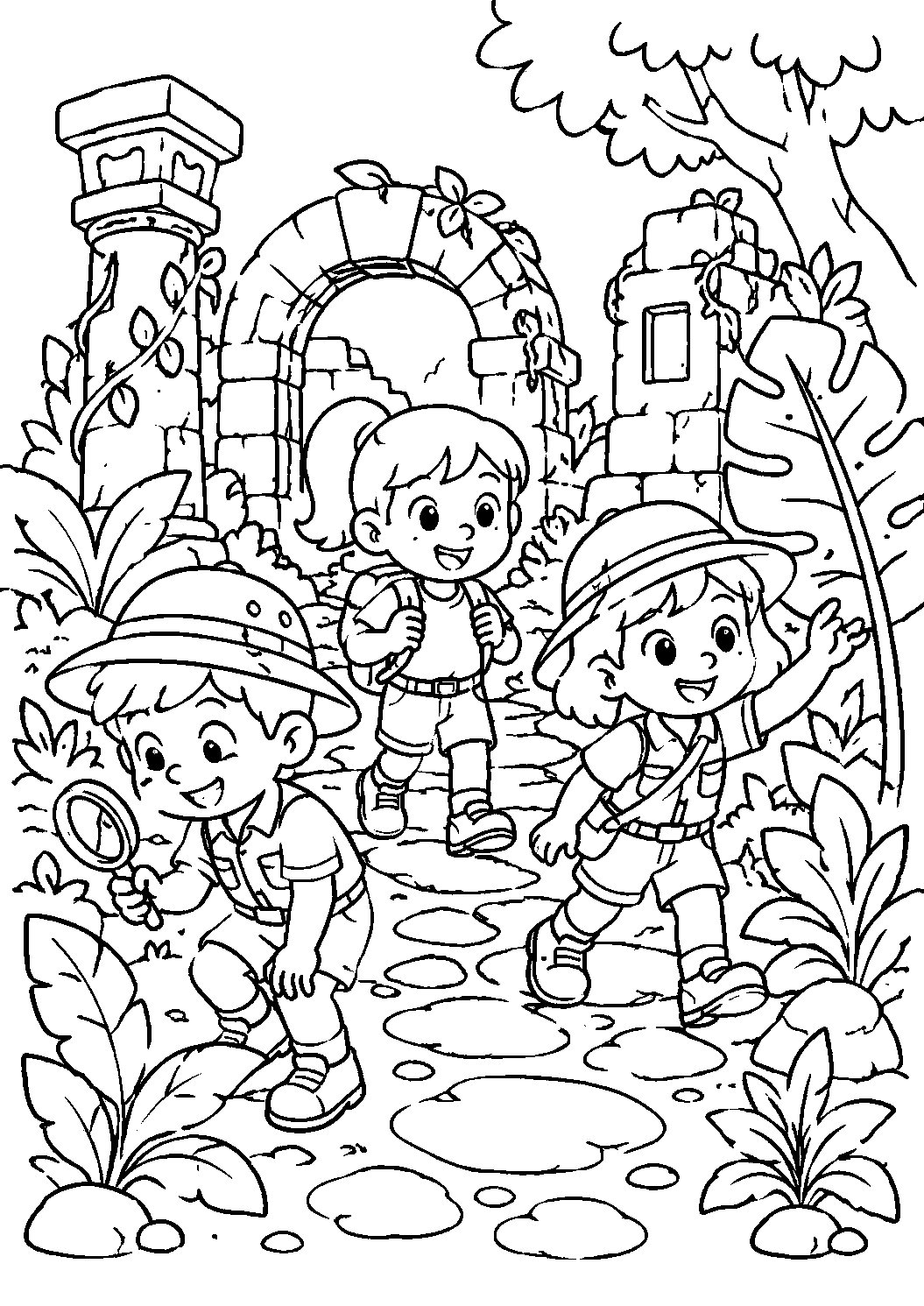 Crianças explorando ruínas na floresta, desenho para colorir em A4 retrato