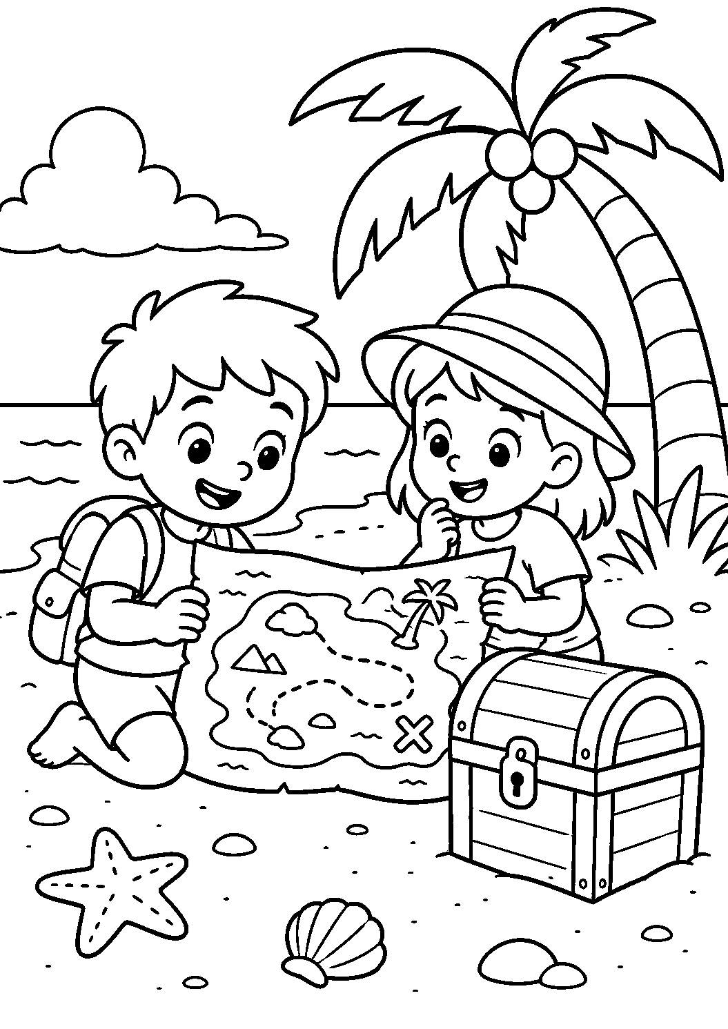Crianças com mapa e baú do tesouro na praia, desenho para colorir em A4 retrato