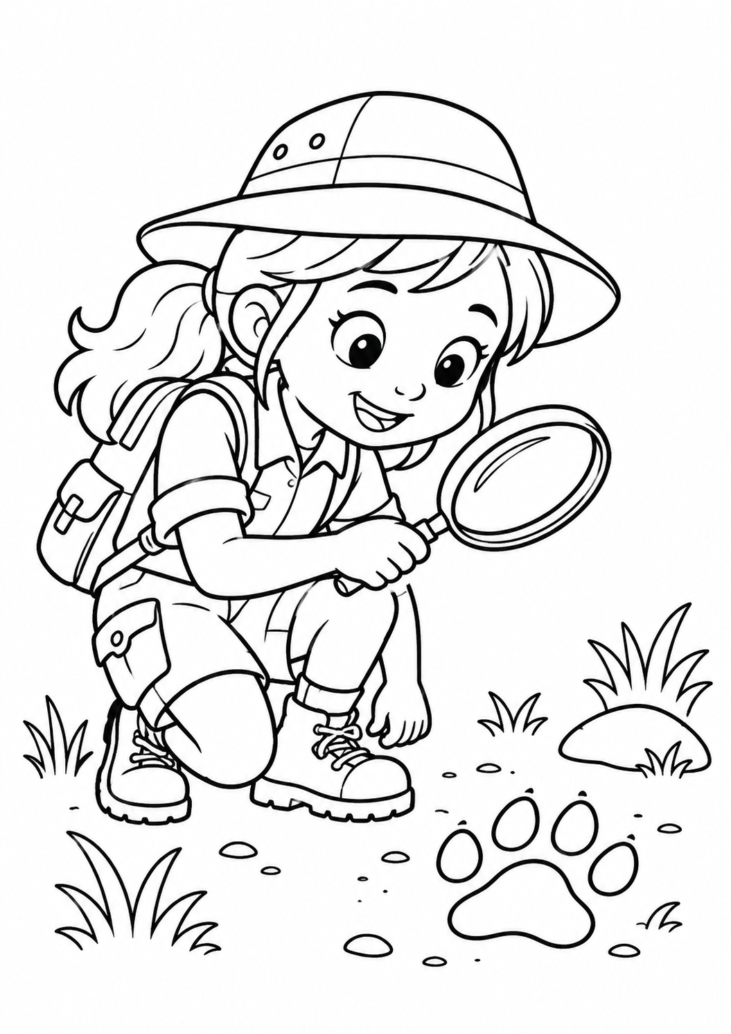 Exploradora infantil com lupa observando uma pegada, desenho para colorir em A4 retrato
