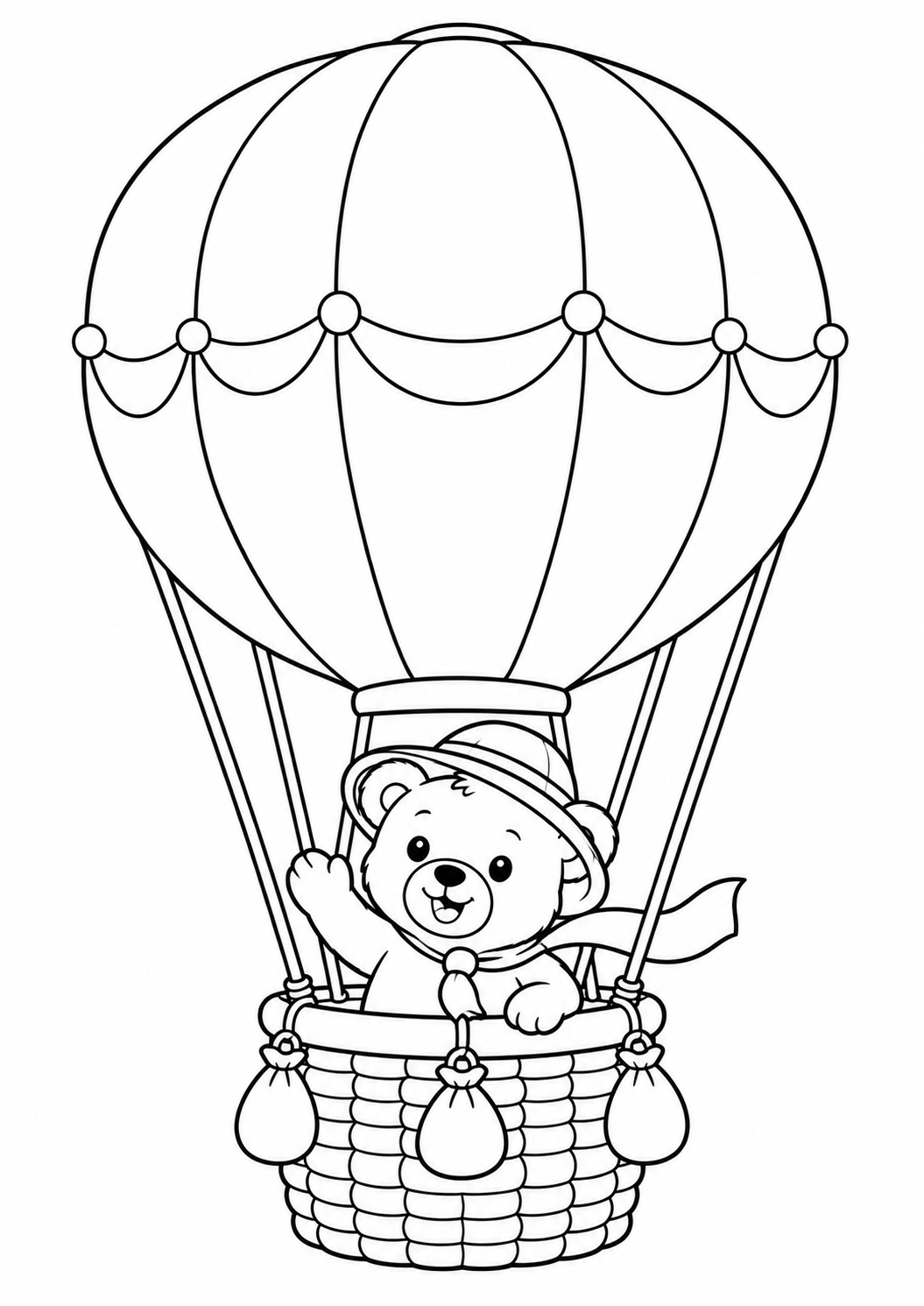 Balão de ar quente com cesta e ursinho viajante, desenho para colorir em A4 retrato