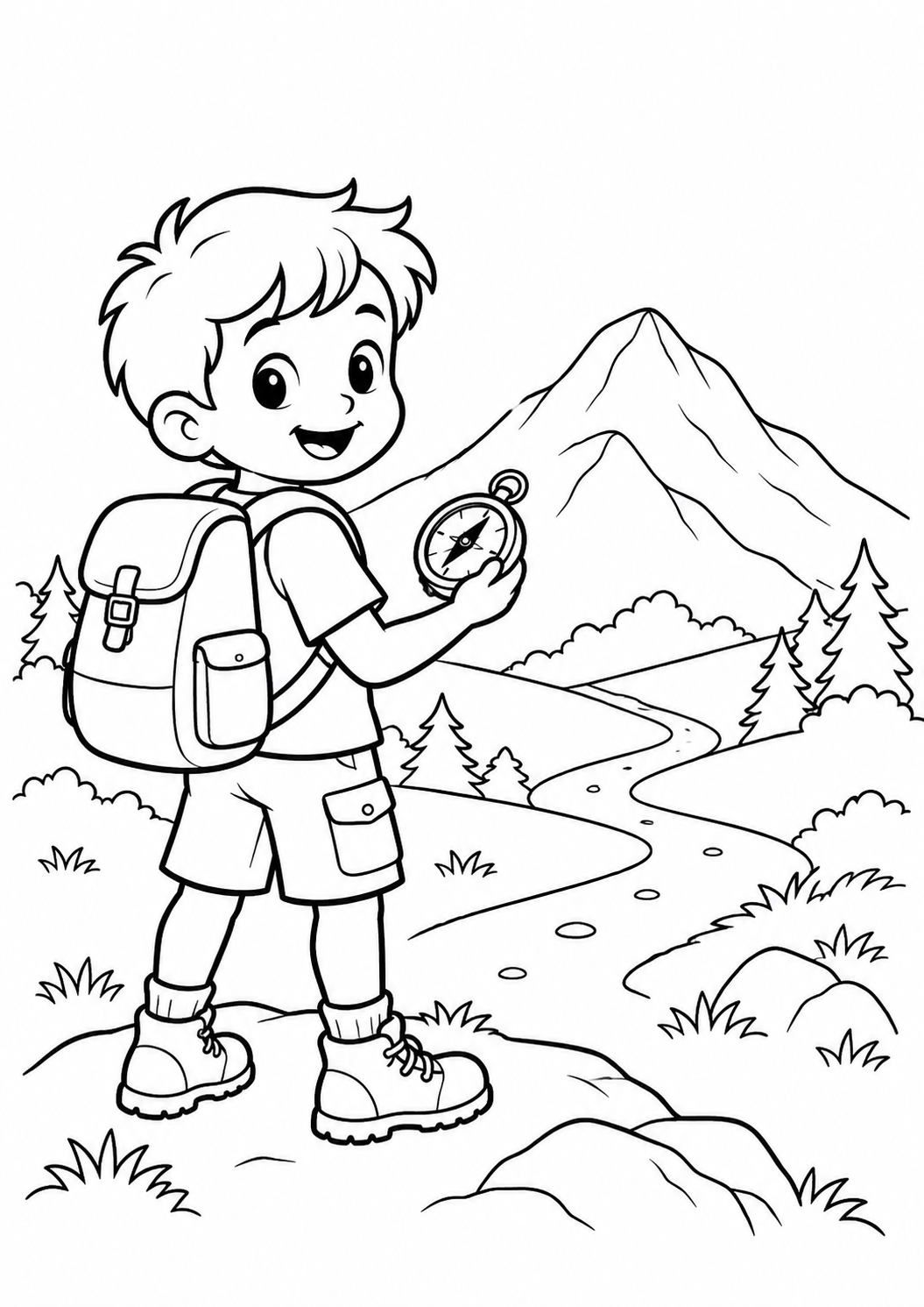 Menino com mochila e bússola diante de uma montanha suave, desenho para colorir em A4 retrato