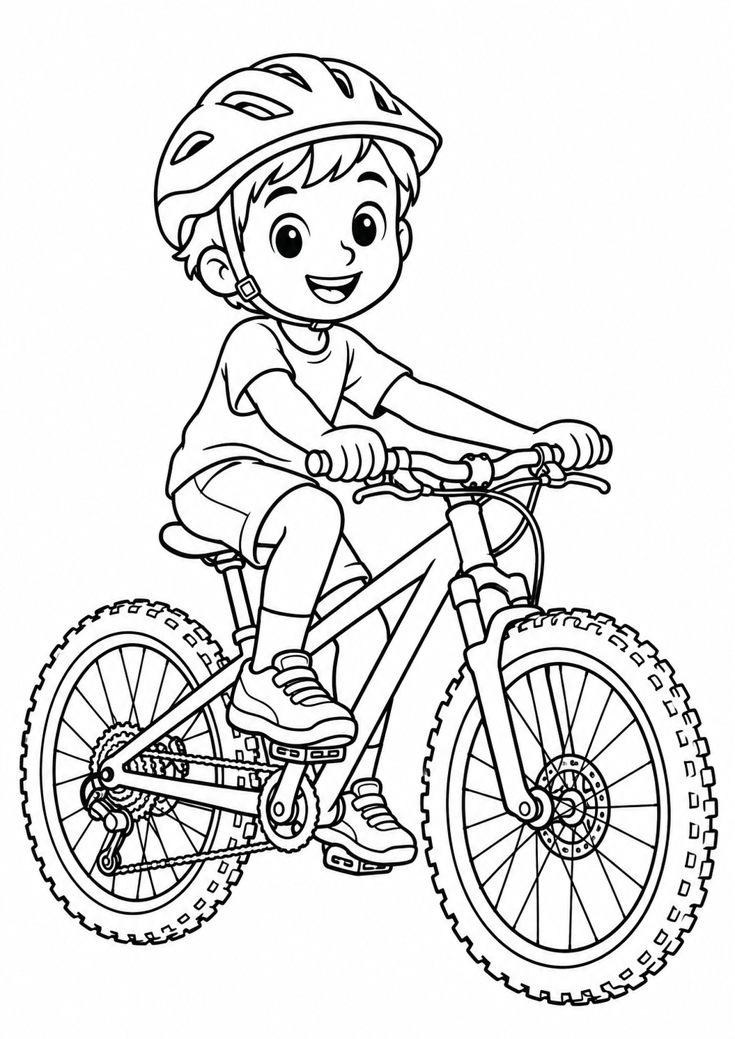 Criança de capacete sentada numa bicicleta de trilha, desenho para colorir em A4 retrato