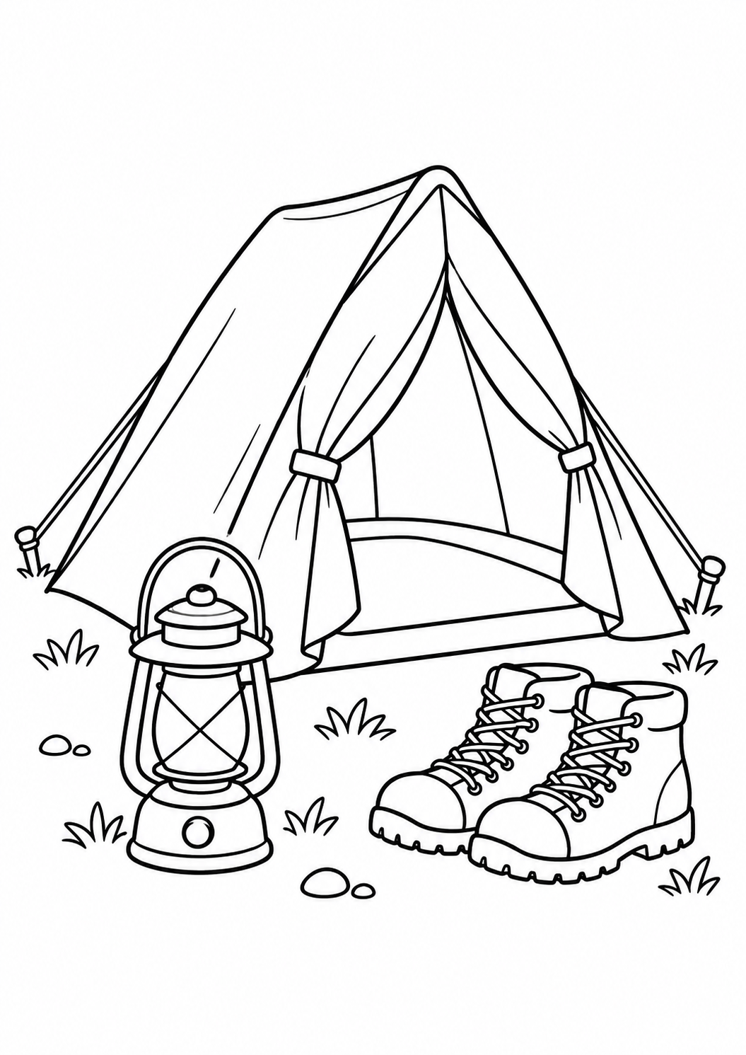Barraca de acampamento com lanterna e botas, desenho para colorir em A4 retrato