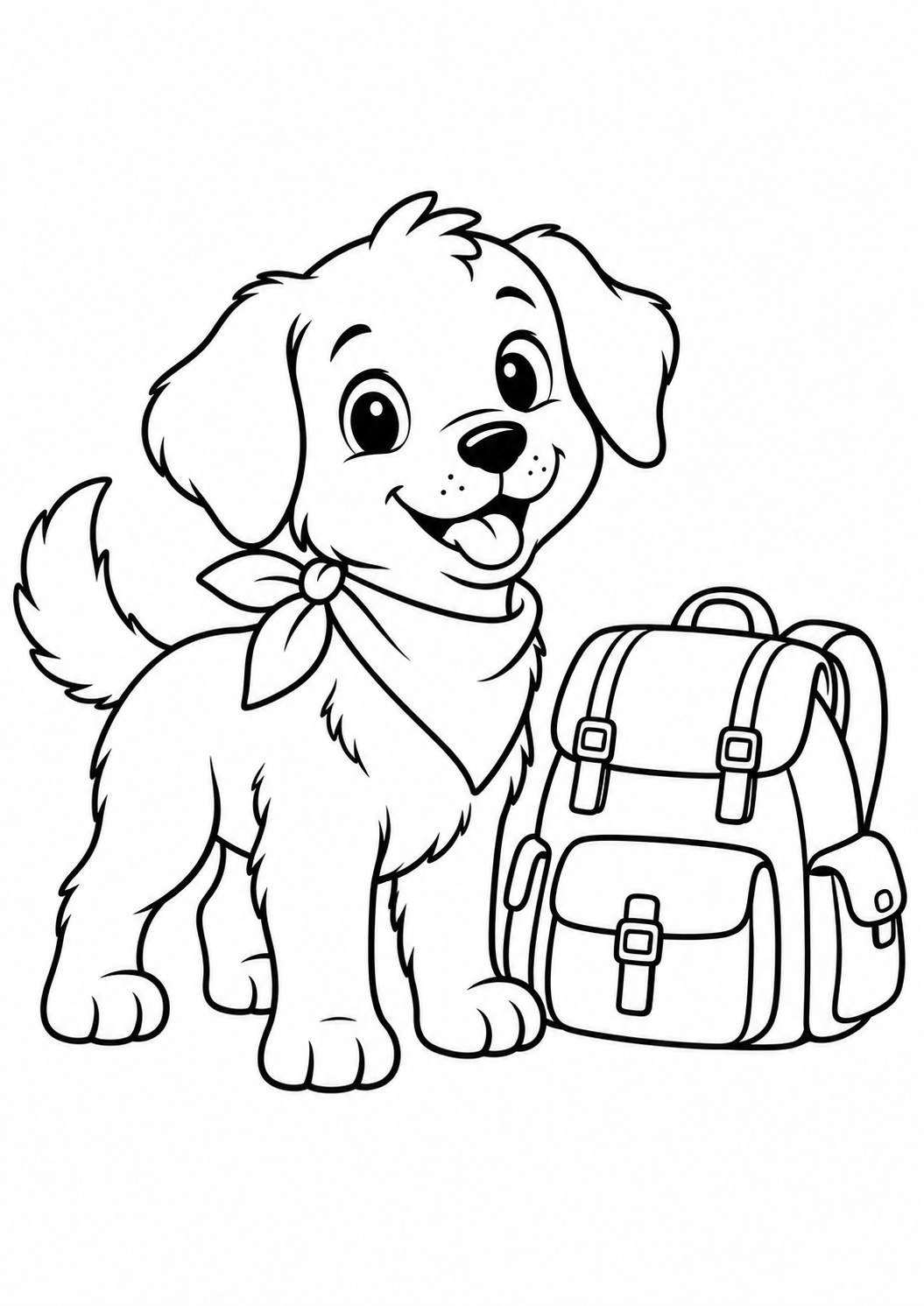 Cachorrinho aventureiro usando lenço diante de uma mochila, desenho para colorir em A4 retrato