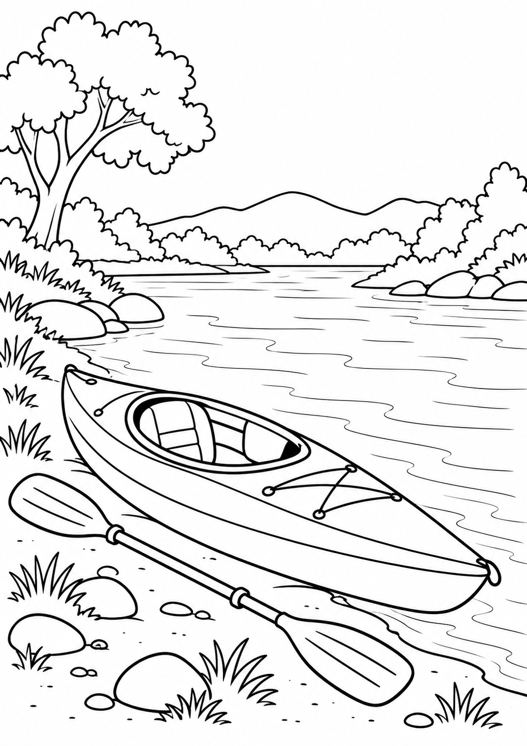Caiaque encostado na margem de um rio com remos, desenho para colorir em A4 retrato