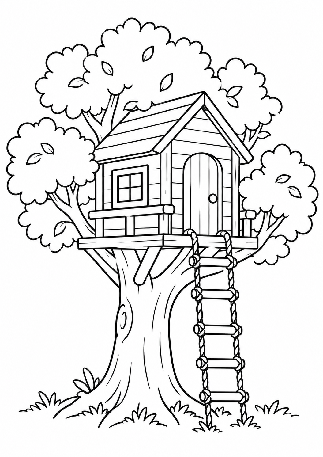 Pequena casa na árvore com escada de corda, desenho para colorir em A4 retrato