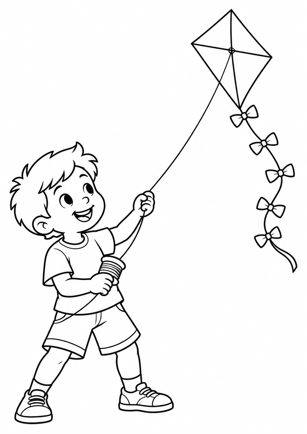 Criança empinando pipa com rabo de laços, desenho para colorir em A4 retrato