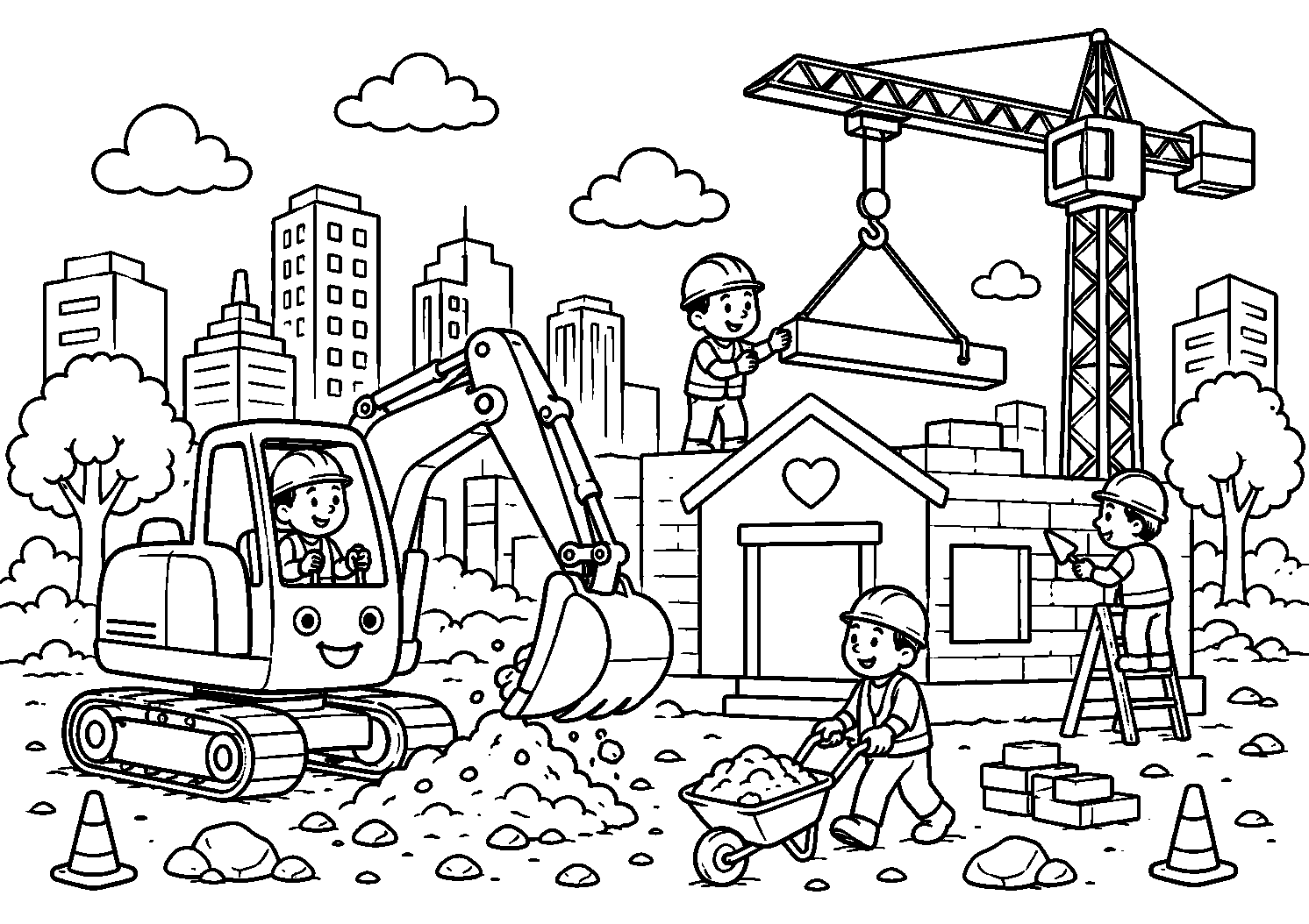 Construção de casa com escavadeira e guindaste, desenho para colorir em A4 paisagem