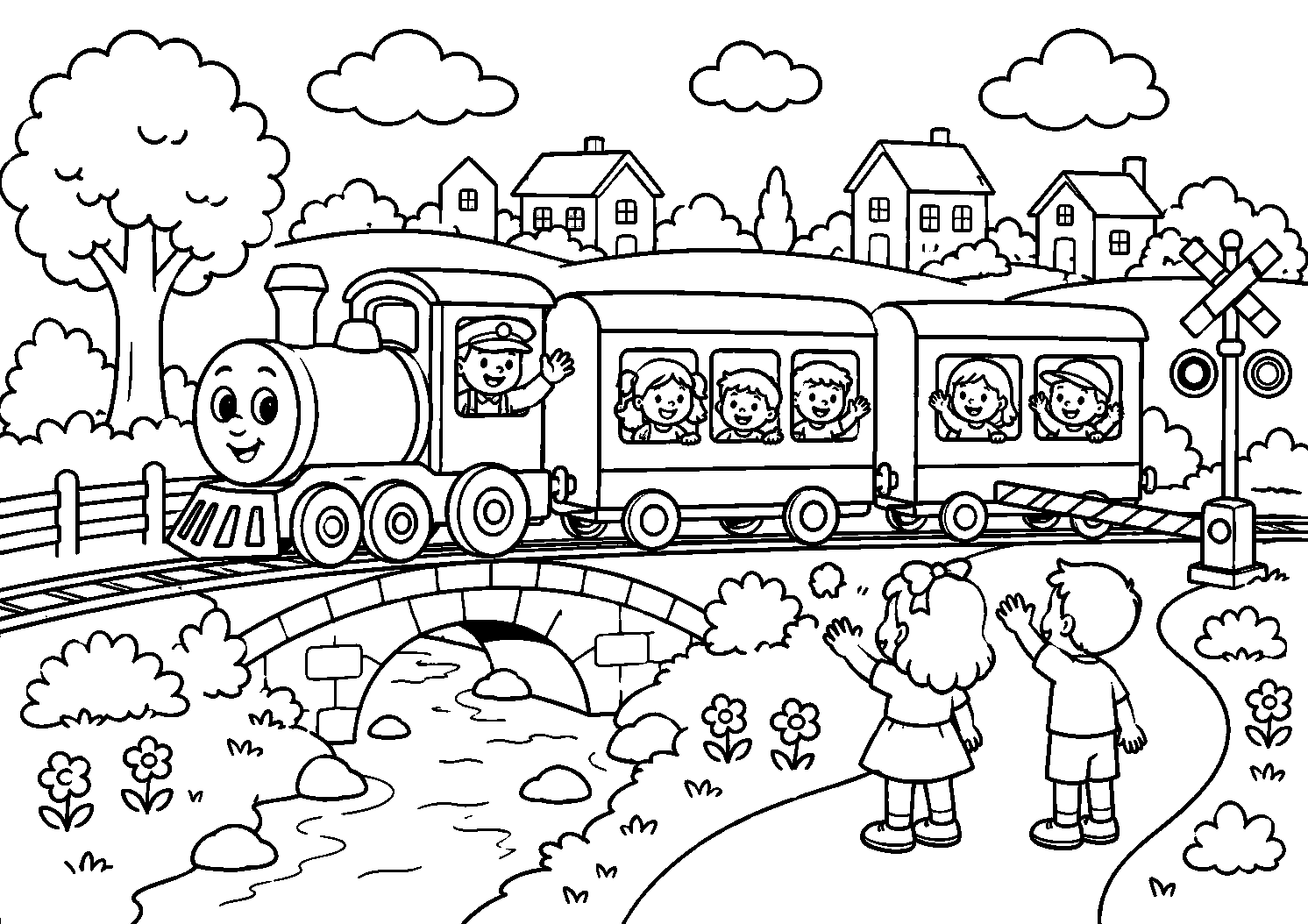 Trem de passageiros atravessando a ponte, desenho para colorir em A4 paisagem