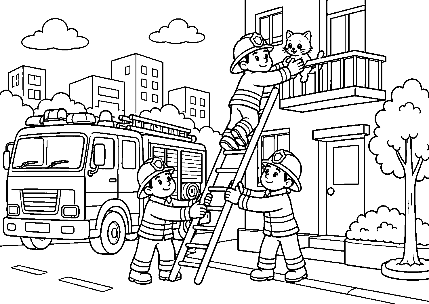 Bombeiros resgatando gatinho na varanda, desenho para colorir em A4 paisagem