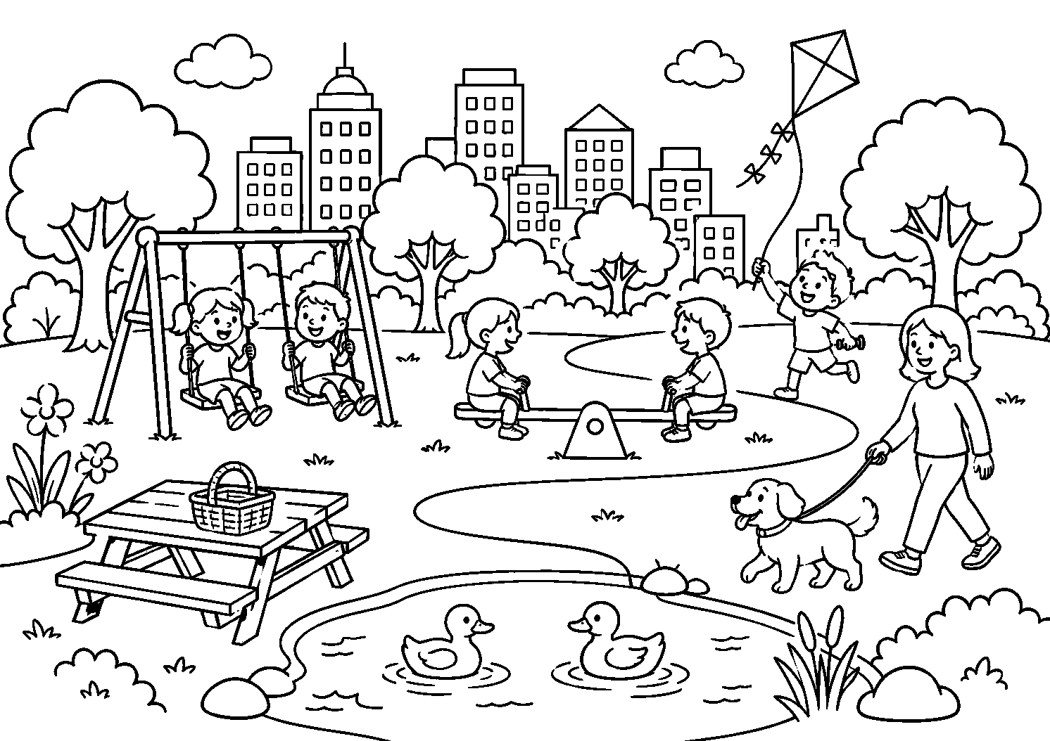 Parque com balanços, gangorra e lago de patos, desenho para colorir em A4 paisagem