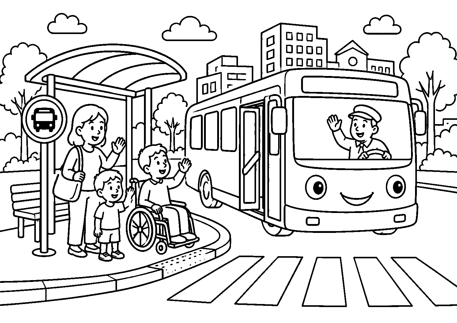 Passageiro em cadeira de rodas no ponto de ônibus, desenho para colorir em A4 paisagem