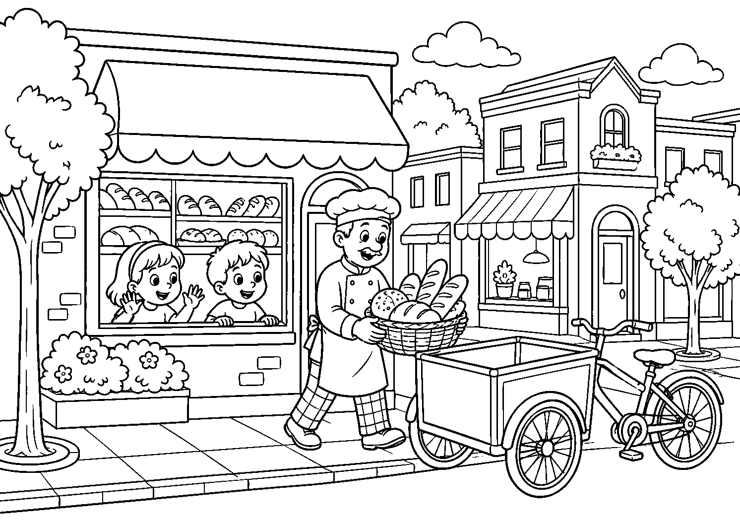 Padeiro com cesta de pães e bicicleta de carga, desenho para colorir em A4 paisagem