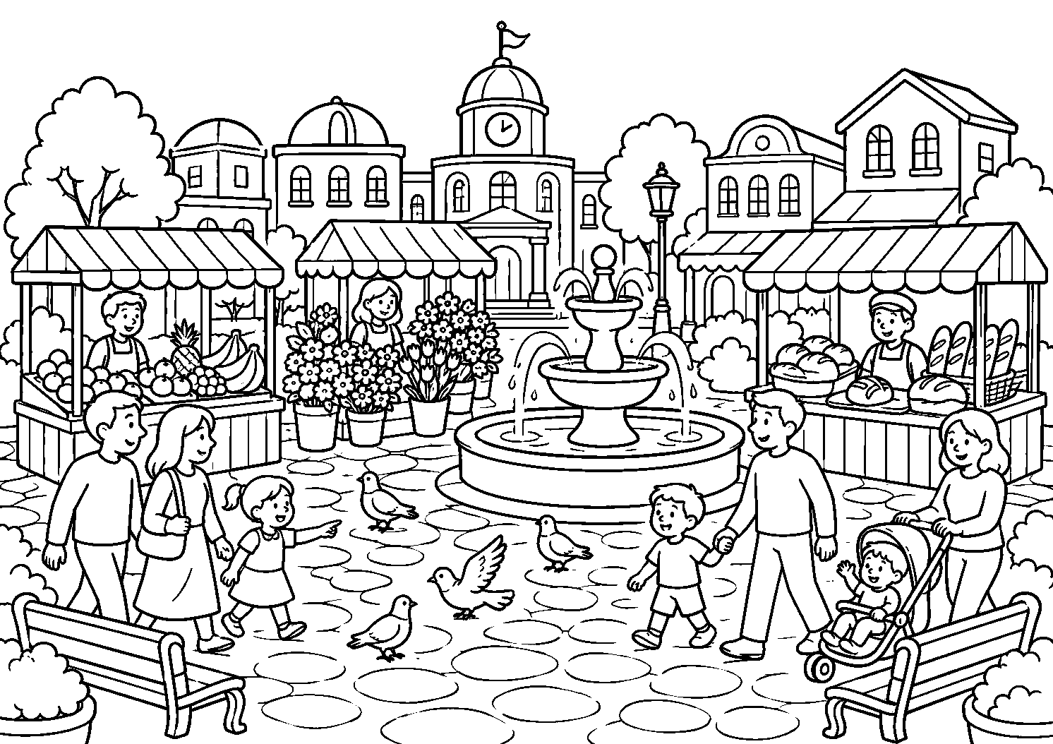 Feira de frutas, flores e pães na praça, desenho para colorir em A4 paisagem