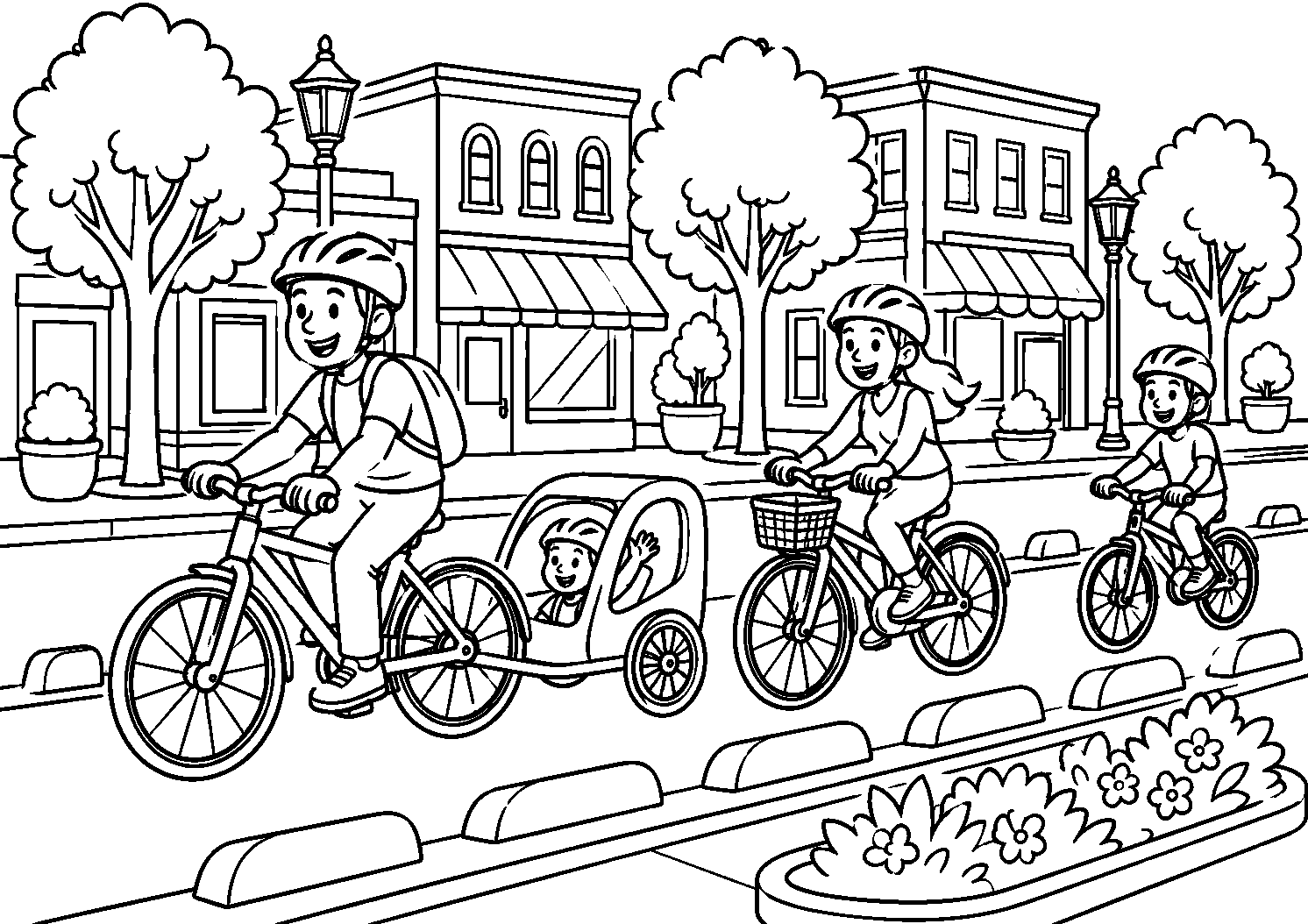 Passeio de bicicleta com reboque infantil, desenho para colorir em A4 paisagem
