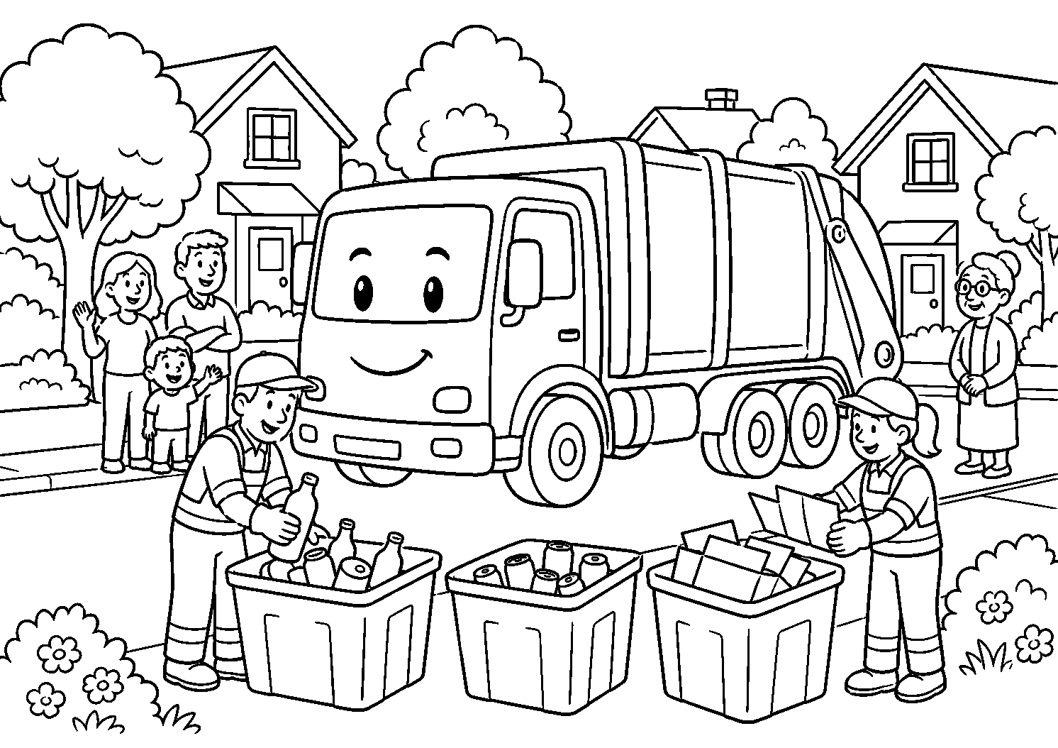 Coletores separando recicláveis junto ao caminhão, desenho para colorir em A4 paisagem