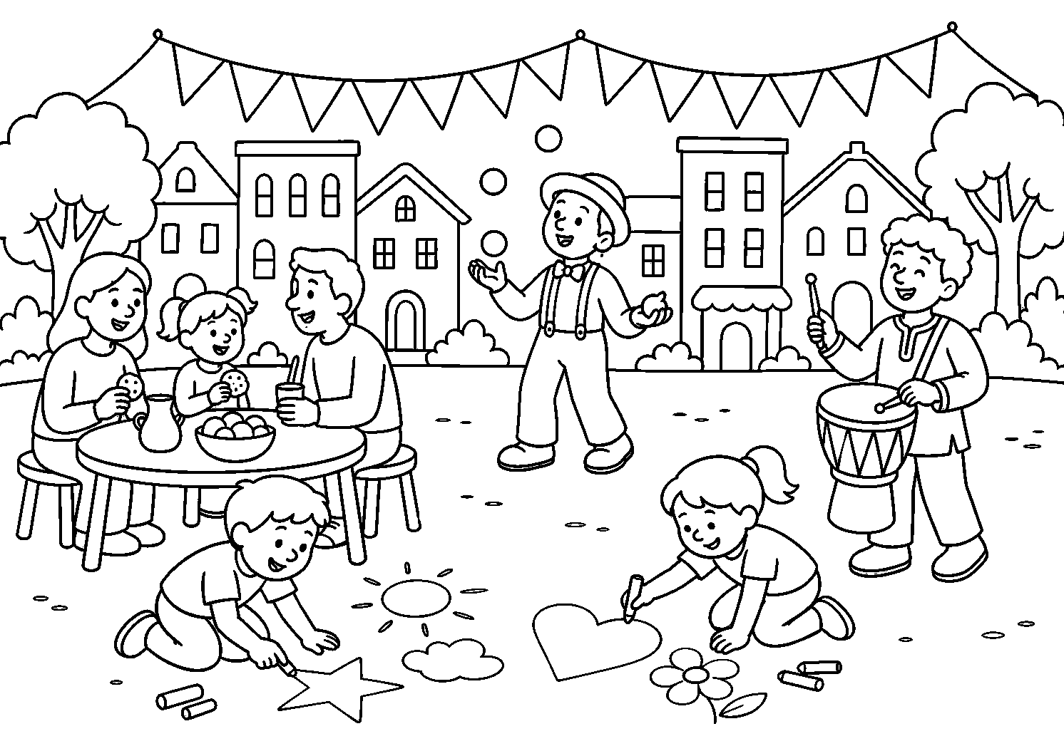 Festa na rua com malabarista e desenhos de giz, desenho para colorir em A4 paisagem