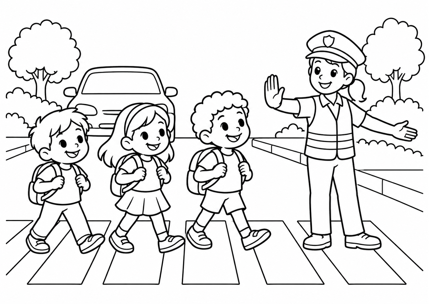 Crianças atravessando uma rua com faixa de pedestres e guarda, desenho para colorir em A4 paisagem
