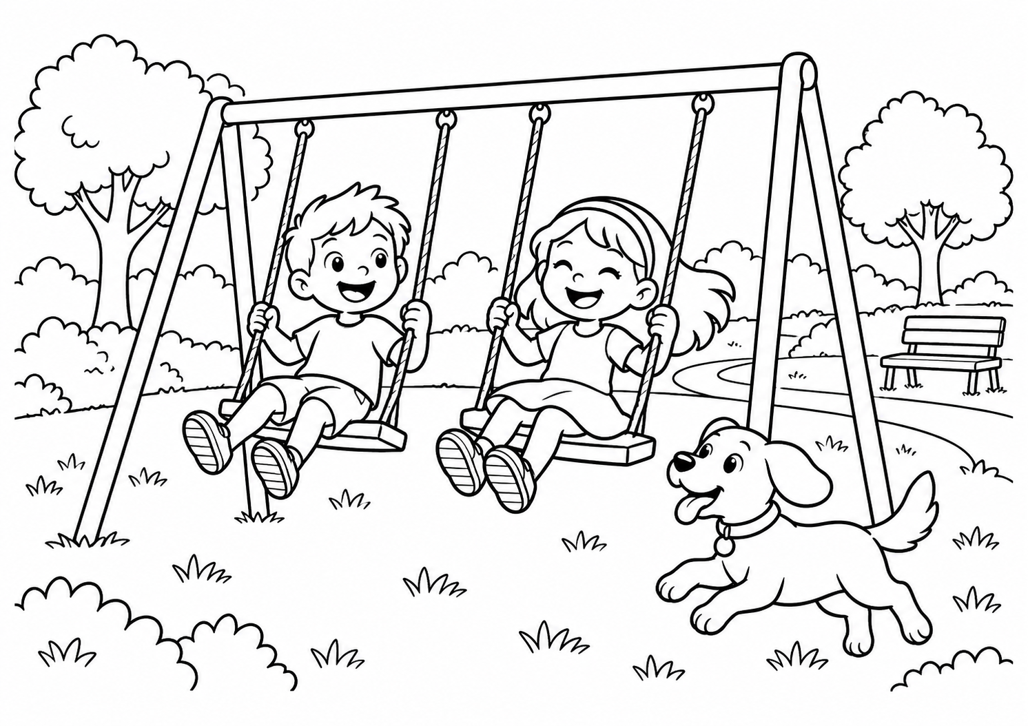 Parque da cidade com crianças no balanço e um cachorro, desenho para colorir em A4 paisagem